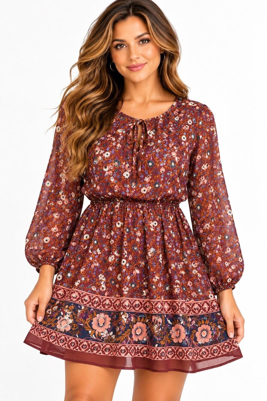 Mudd Women’s V-Neck Fit & Flare Short Dress M Burgundy Floral Long Sleeve